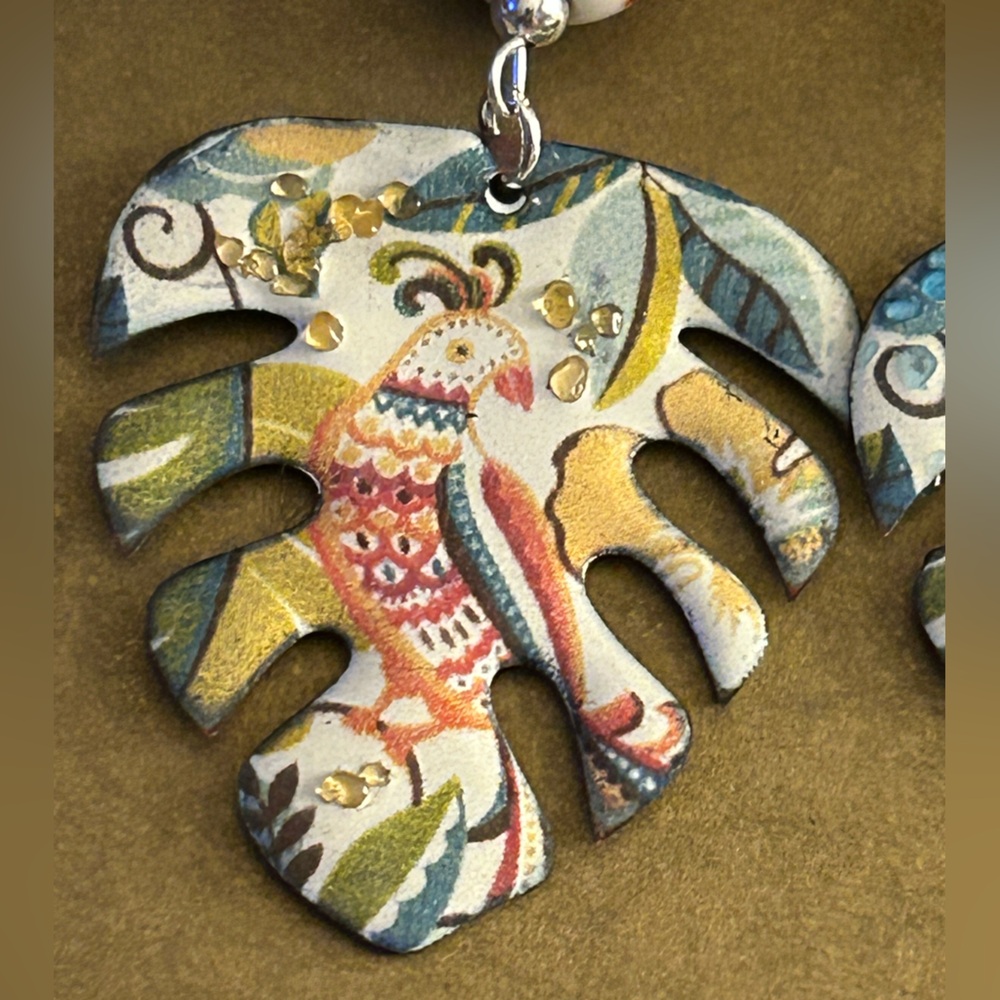 Earrings NWOT Artisan “Cockatiel, too” leaves Enamel Copper, ceramic beads 2.7” - Picture 2 of 14